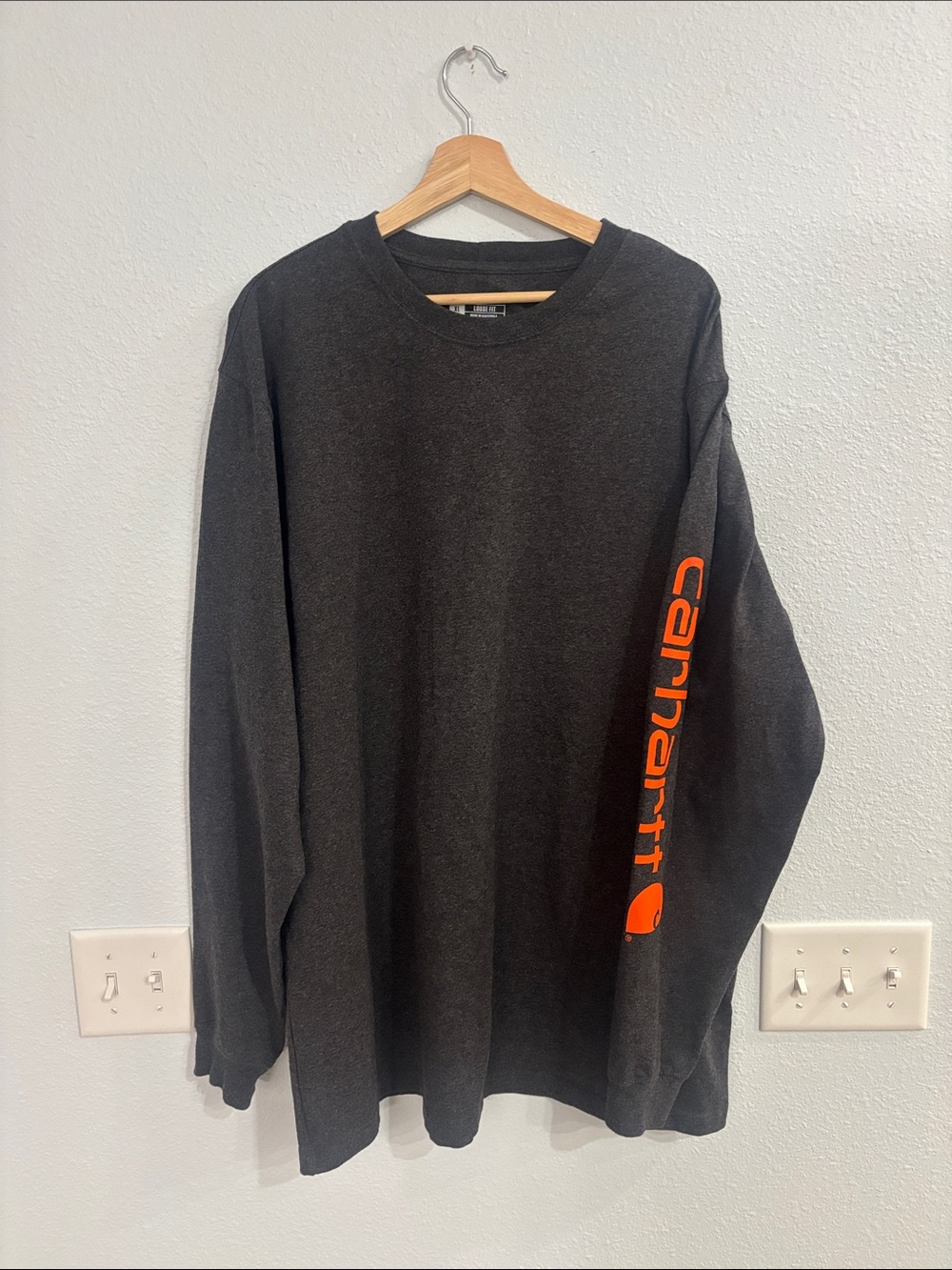 Carhartt Dark Gray Long Sleeve Shirt with Orange Sleeve Logo XL Tall
